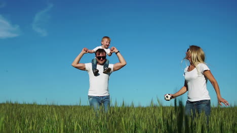 the happy family runs and smiles in the field with their son laughing and holding hands. son sitting on the lash