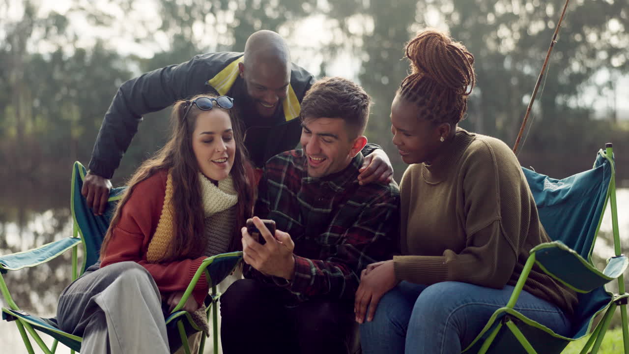 Camping, friends and people with phone in nature