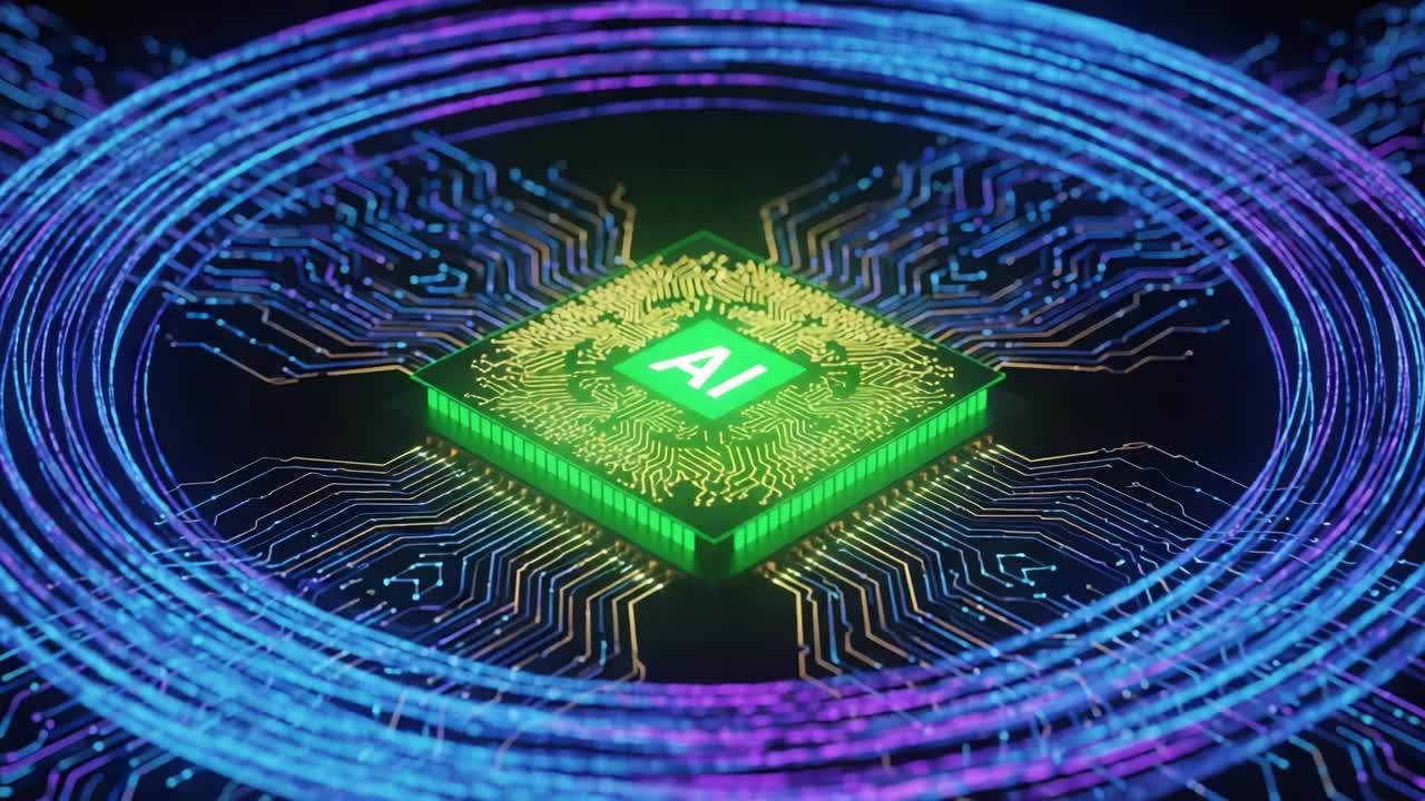 A Stunning Visual Representation of an AI Chip Surrounded by Vibrant Circuits and Dynamic Light Patterns, Showcasing the Future of Technology and Innovation