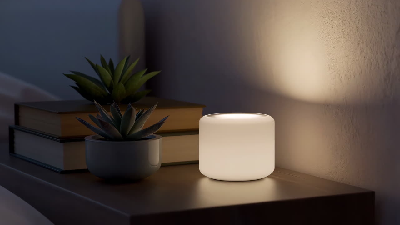 A modern bedside lamp illuminating a nightstand with plants and books