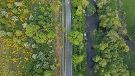 Two-cars-following-each-other-through-a-lush-and-leafy-landscape-during-spring-in-Europe