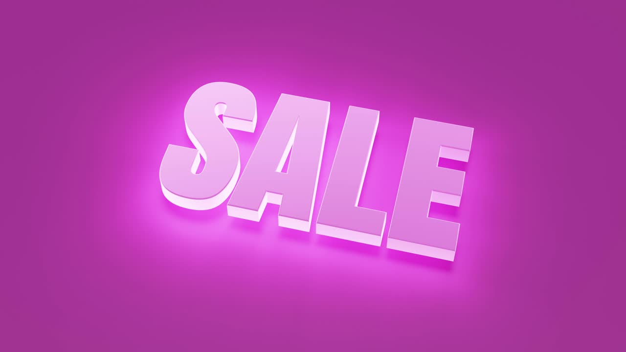 venta en 3d. animación en bucle con letras de luz de neón rosado brillante para el fondo. telón de fondo tipográfico abstracto con letras rosadas 3d. gráficos en movimiento para tiendas, publicidad y promoción comercial.