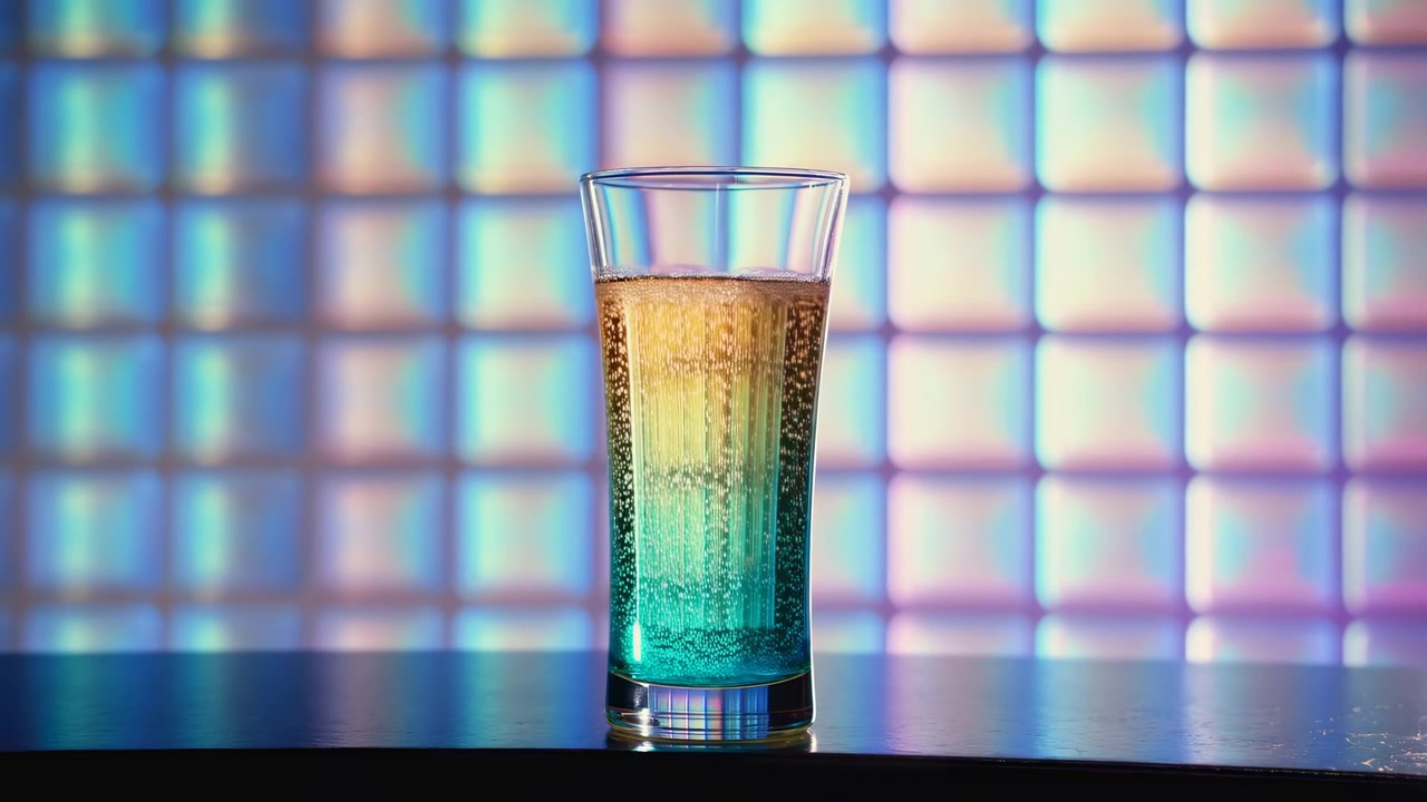 Baloncuklu Renkli Katmanlı Kokteyl Bardağı, Turkuazdan Altına Geçişli, Neon Fayanslı Arka Plan, Yansıtıcı Bar