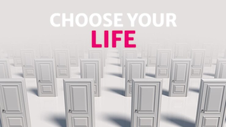 Choose your life. Rows of white wooden closed doors. There are many ways to choose. Choice, business and success concept. Moving through a doors hall corridor. 3d animation loop, 4K