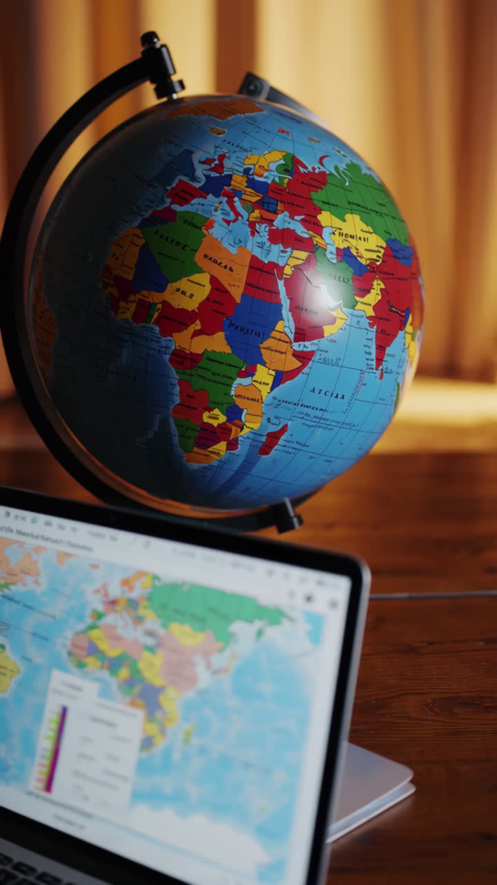 Globe and Laptop on a Wooden Table