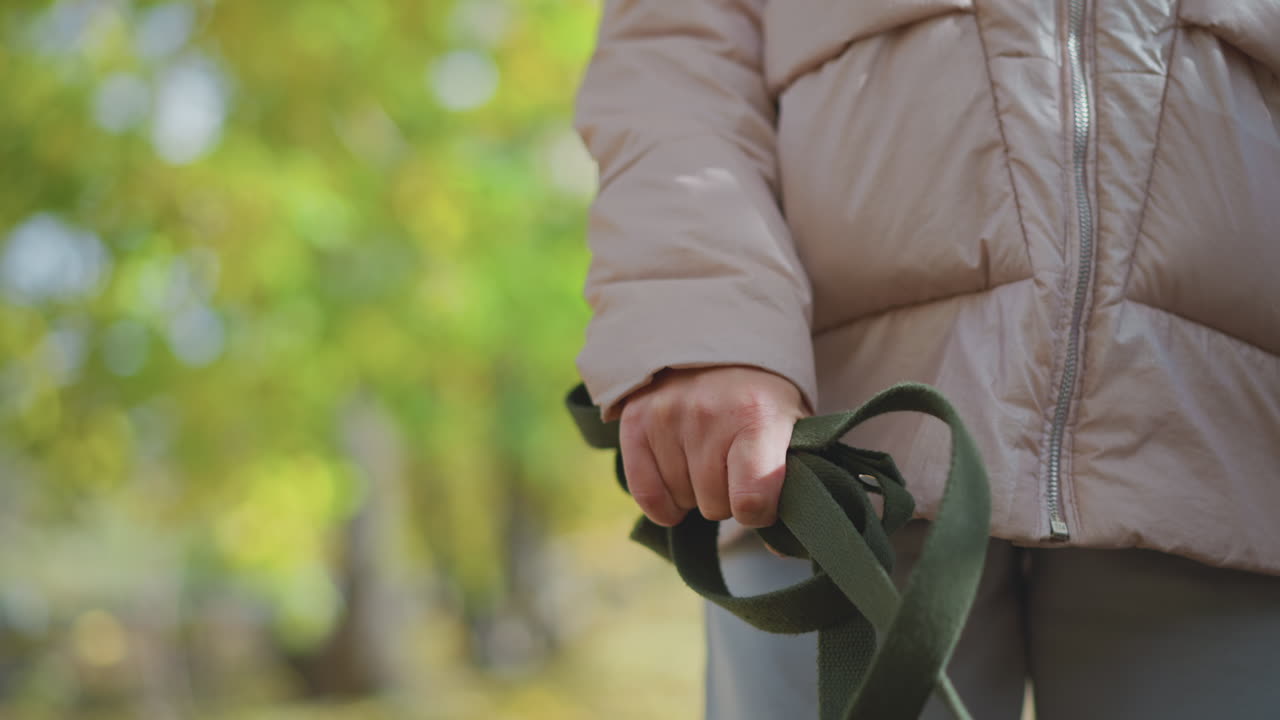 close up of adult hand gripping green leash beside child during autumn park stroll with blurred background of yellow leaves on ground and dappled sunlight creating warm seasonal atmosphere