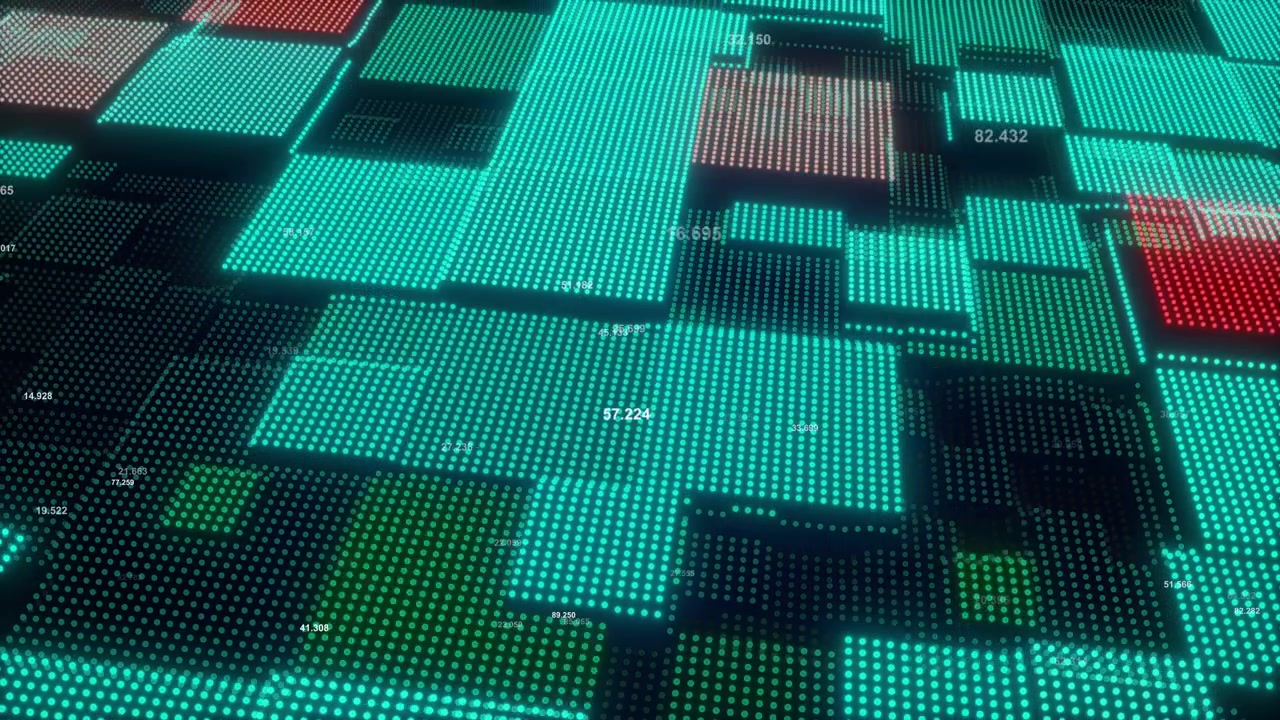 Abstract Digital Data Visualization with Glowing Squares and Floating Numbers