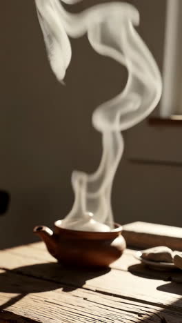 steaming pot on a wooden table bathed in sunlight