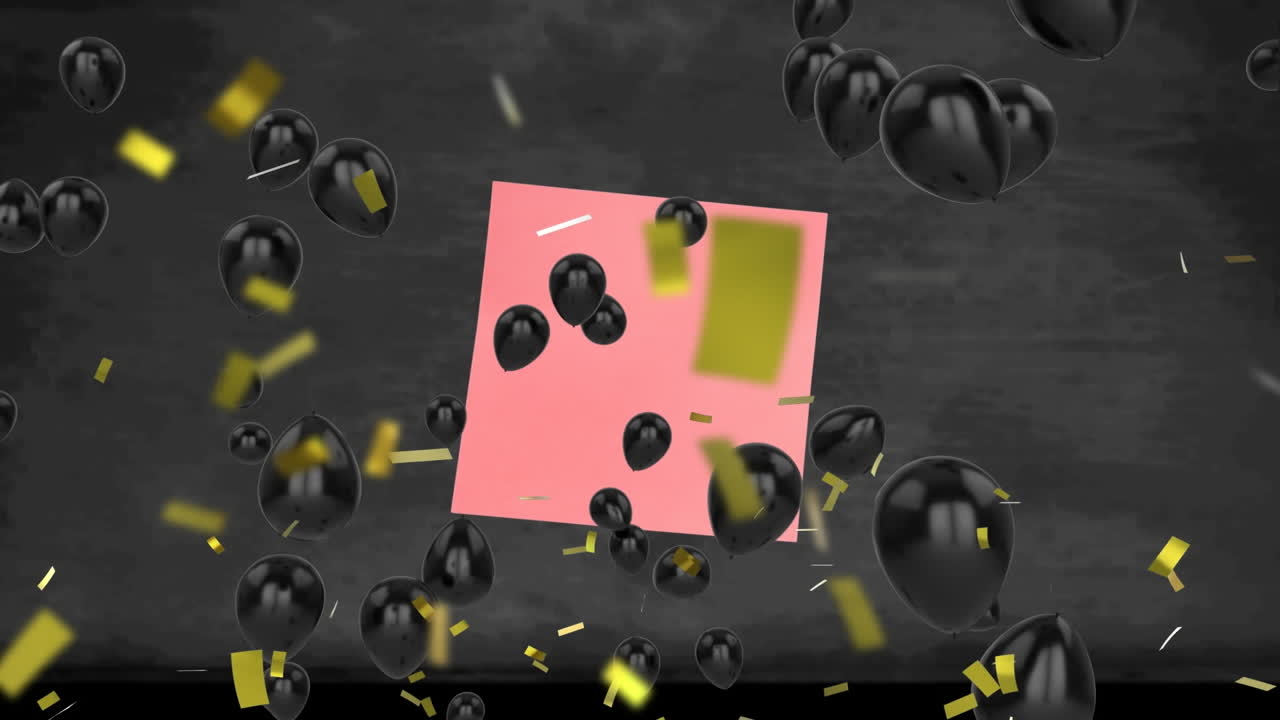 Konfeti emas berjatuhan dan balon hitam yang banyak mengambang di atas catatan memo merah muda di latar belakang hitam.