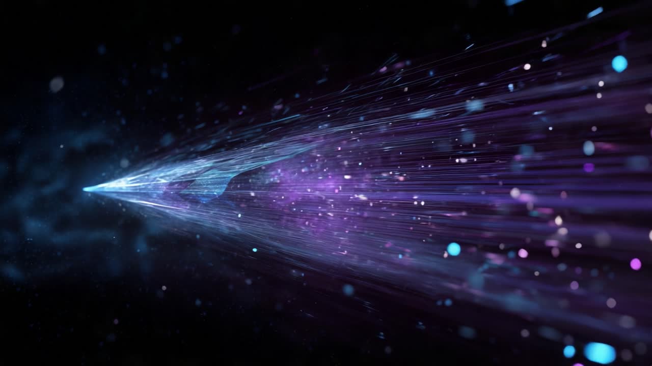Blue and purple glowing particles streaming from a bright light source, creating a dynamic energy flow through dark space with bokeh effects, representing concepts like data and technology