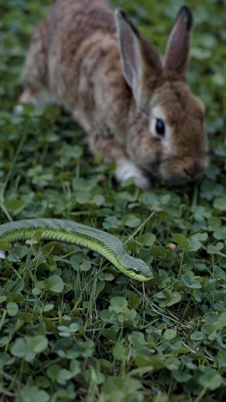 Close-up video of a green snake slithering through clover leaves, captured from a low-angle