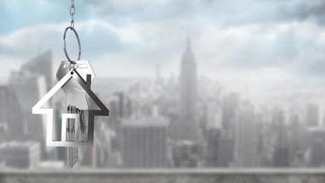 house-shaped keychain animation over blurred cityscape background