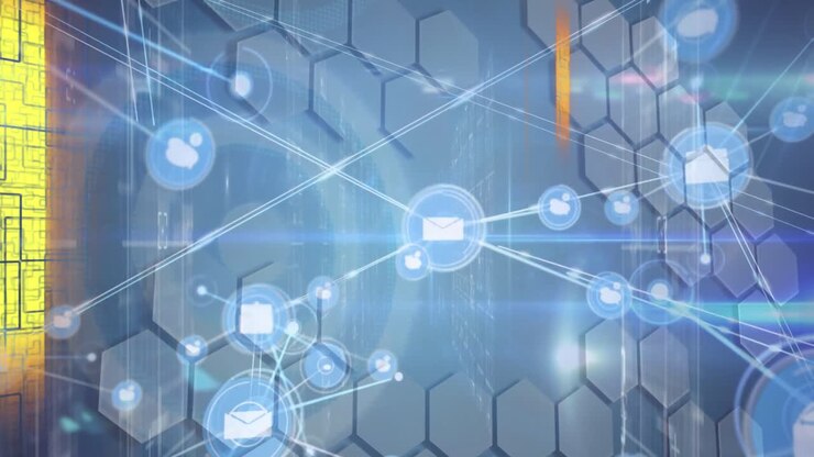 Animation of connections and data processing over hexagons