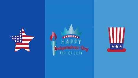 Happy-independence-day-text-over-uncle-sam's-hat-and-star-icons-against-blue-background