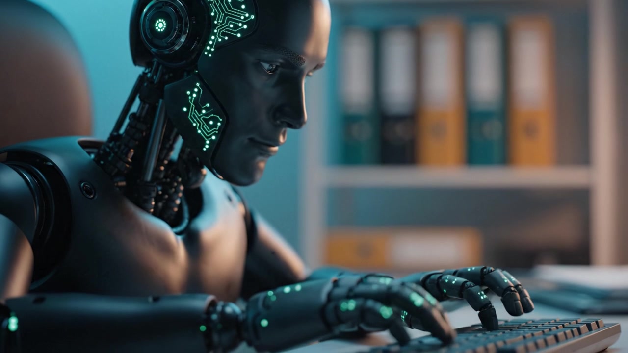 Robot umanoide futuristico che digita su una tastiera di computer, mostrando tecnologia avanzata e capacità di intelligenza artificiale in un ambiente di lavoro moderno focalizzato su efficienza e innovazione
