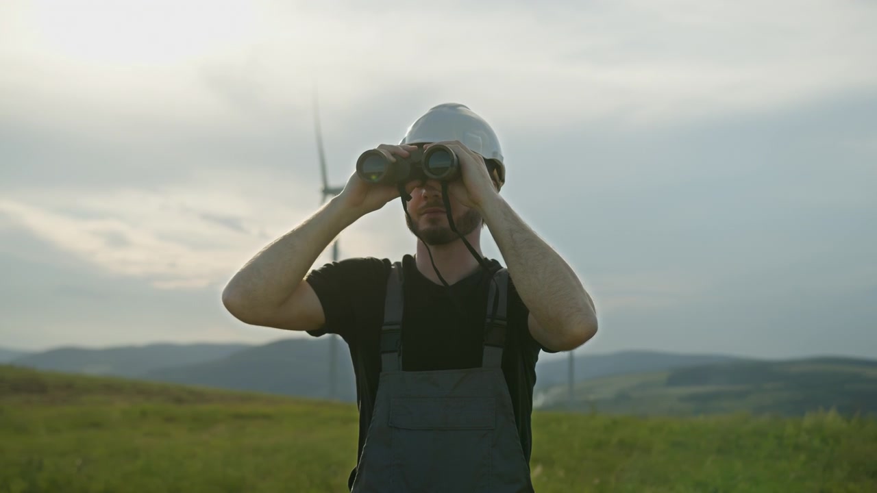 Uomo con cappello e tuta da lavoro usa il binocolo per ispezionare le turbine eoliche in un campo erboso con colline ondulate.
