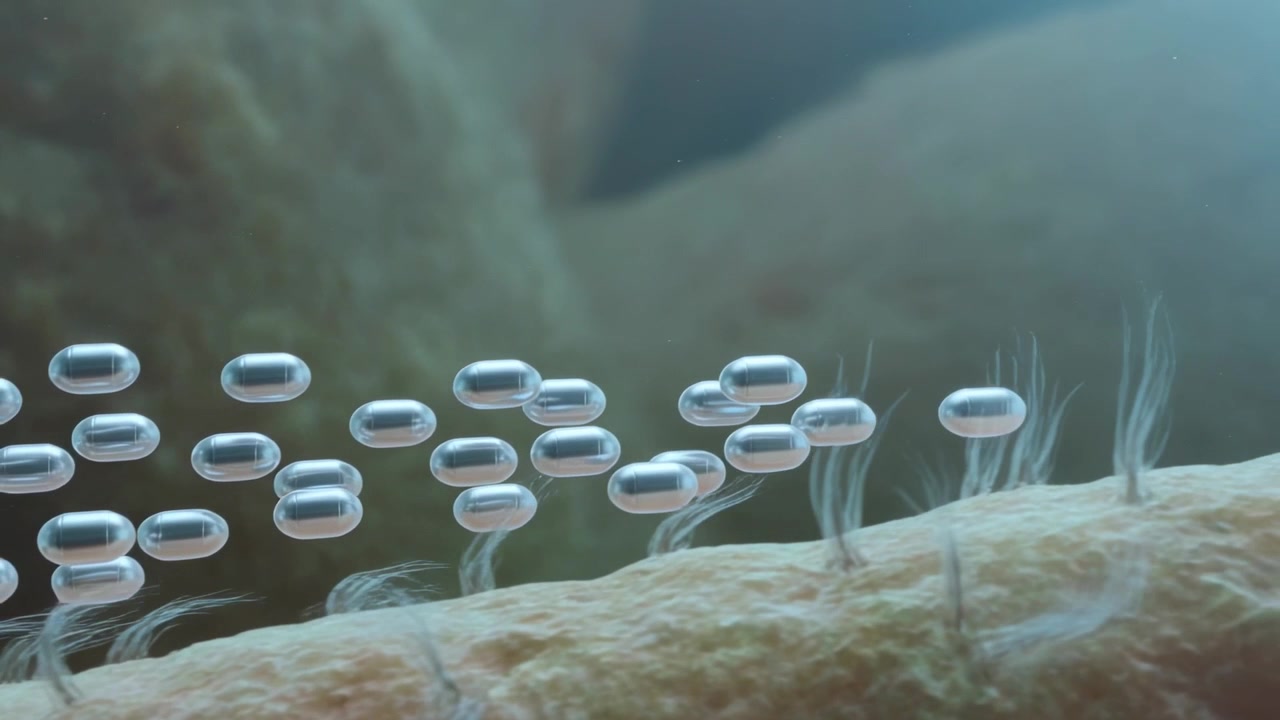 Drifting capsule cloud approaching centered fibrous strand under microscope, bending filaments