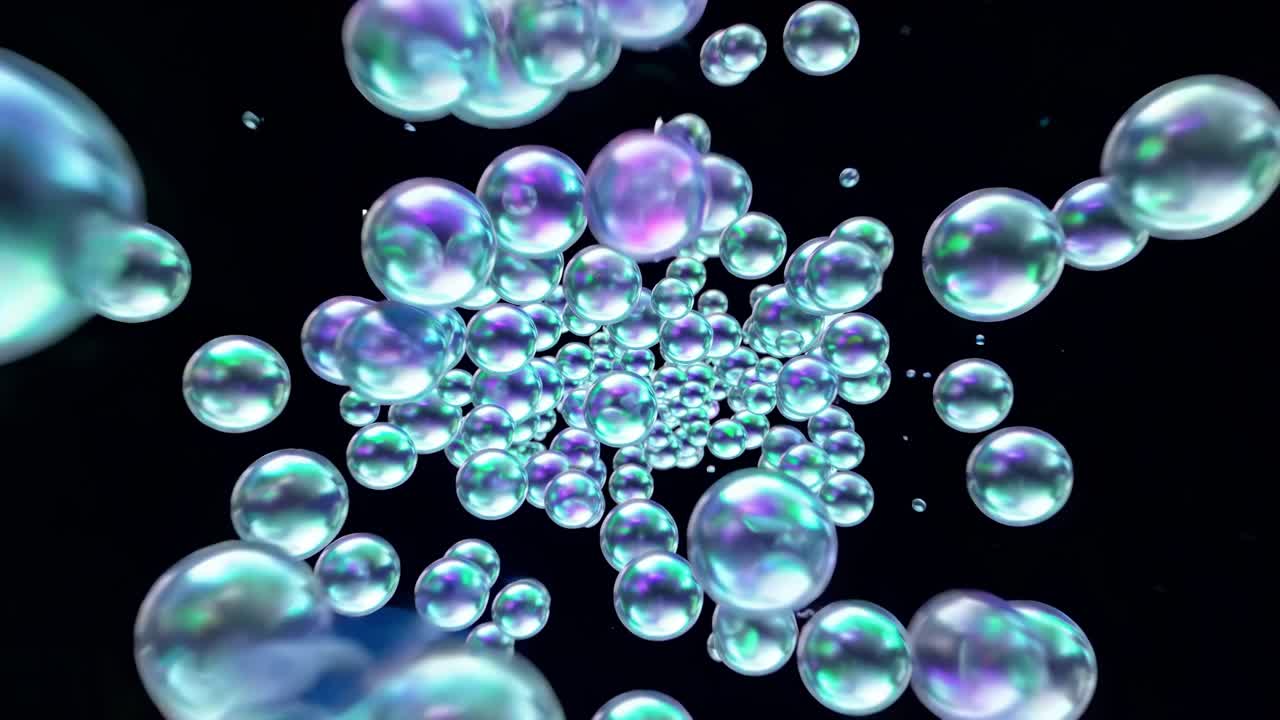 Iridescent Bubbles Floating on Black Background