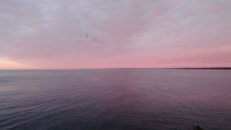 Aerial-of-the-ocean-during-a-pink-sunrise-with-seabirds-flying-in-the-distance-and-a-kayaker