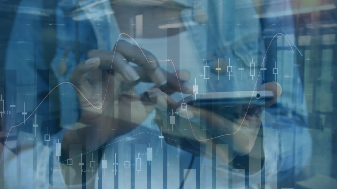animación de estadísticas y procesamiento de datos financieros sobre mujeres que usan teléfonos inteligentes