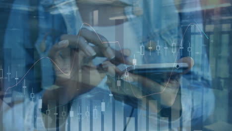 animation of statistics and financial data processing over woman using smartphone