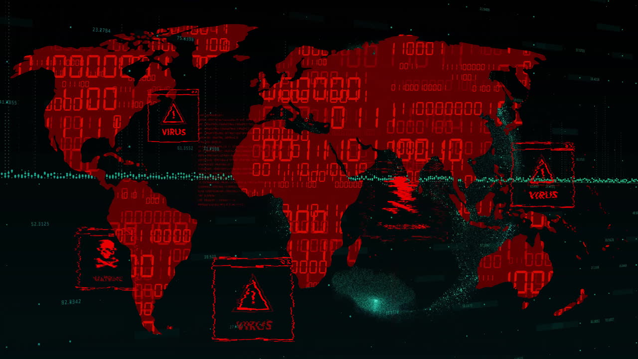 Animation of world map with virus warnings over digital code background