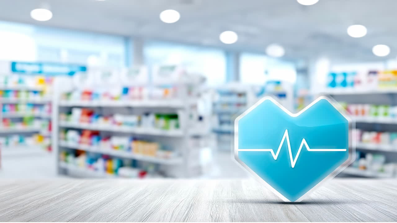 Heart health sign in pharmacy. A blue heart symbol with a heartbeat line is displayed on a table in a bright pharmacy, surrounded by colorful products