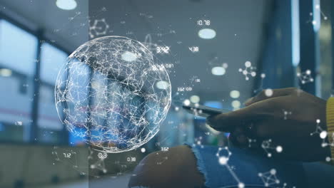 animation of globe and digital data processing over biracial woman using smartphone