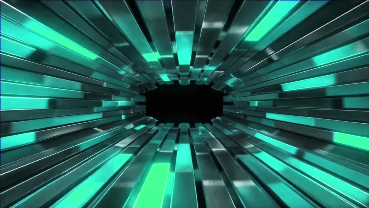 Abstract Tunnel of Glowing Teal Metallic Bars
