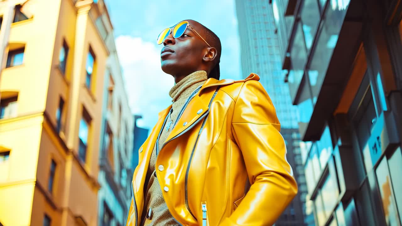 A man in a yellow leather jacket and sunglasses standing in the middle of a city