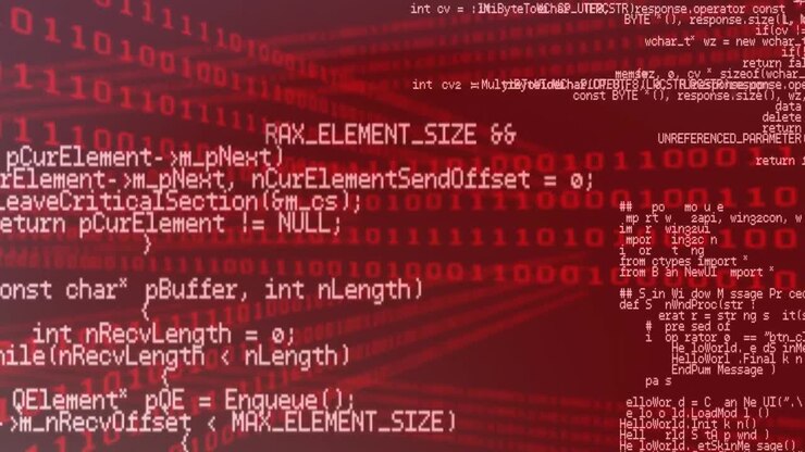 Animation of data processing and binary coding against red background