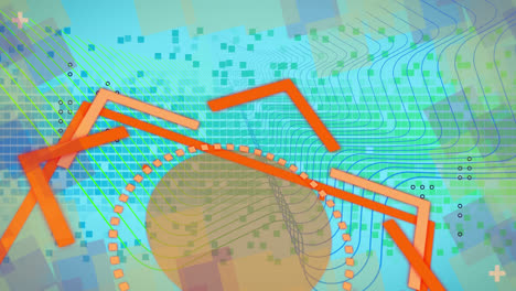 Animation-Von-Orangefarbenen-Quadraten,-Die-Sich-Auf-Einem-Blauen-Quadratischen-Hintergrund-Bewegen