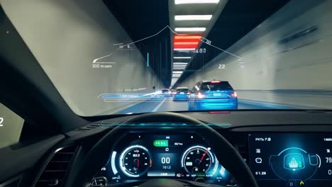 driving through a tunnel at night with head-up display