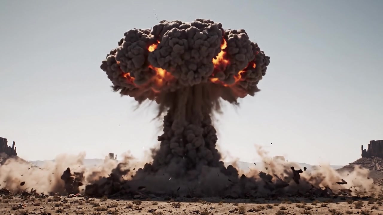 Eine atemberaubende Transformation: Die rohe Kraft einer explosiven Detonation entfesselt eine spektakuläre Pilzwolke über einer kargen Wüstenlandschaft.