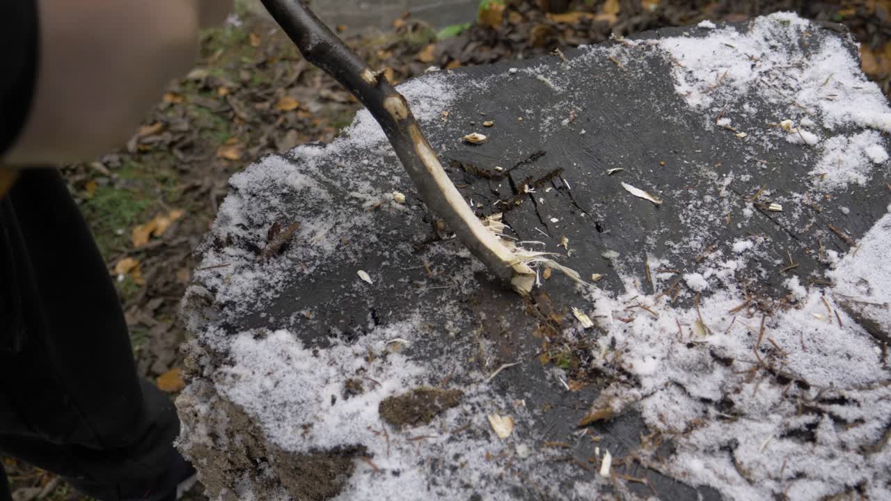 I sharpened a stick in the shape of a spear that looks like a wooden spike. I sculpted the stick with a very sharp metal ax