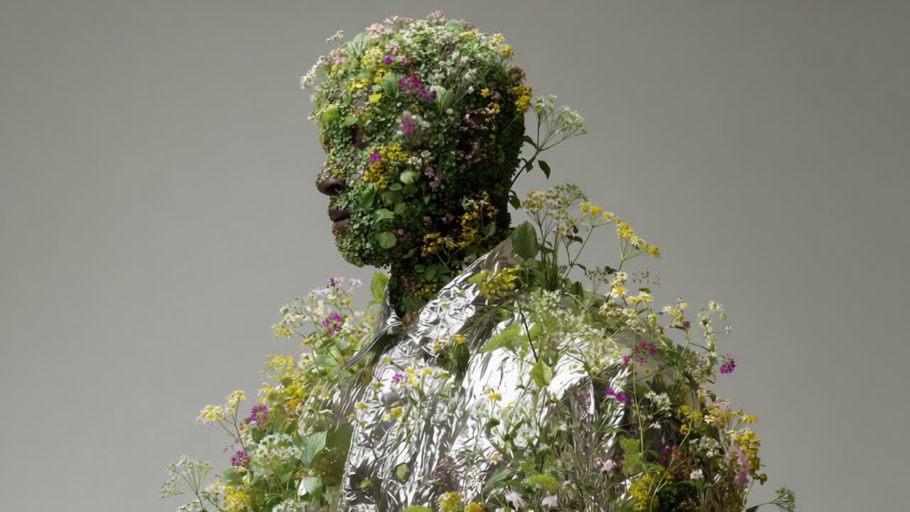 An ethereal depiction of human form blended with nature, showcasing a figure adorned in vibrant foliage and floral elements, reflecting the unity between humanity and the environment in a striking visual representation