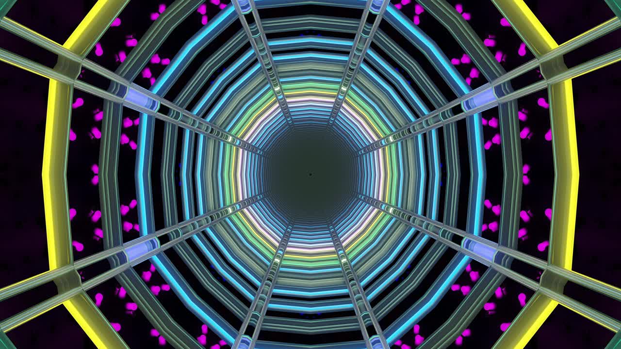 A mesmerizing circular tunnel features vibrant colors illuminating its walls. The lights pulse and shift, creating a captivating and seamless visual effect suitable for digital displays