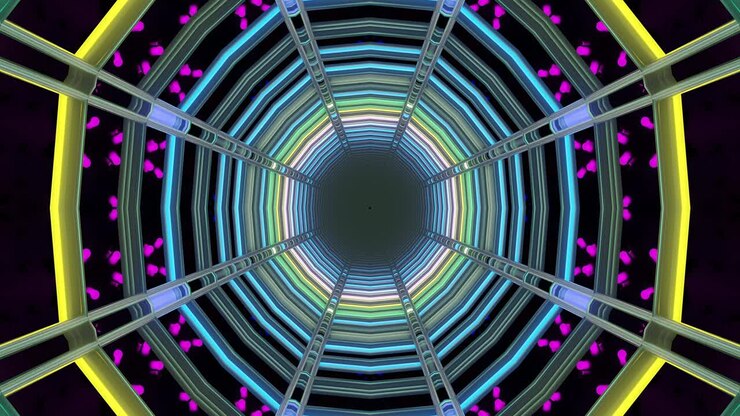 A mesmerizing circular tunnel features vibrant colors illuminating its walls. The lights pulse and shift, creating a captivating and seamless visual effect suitable for digital displays