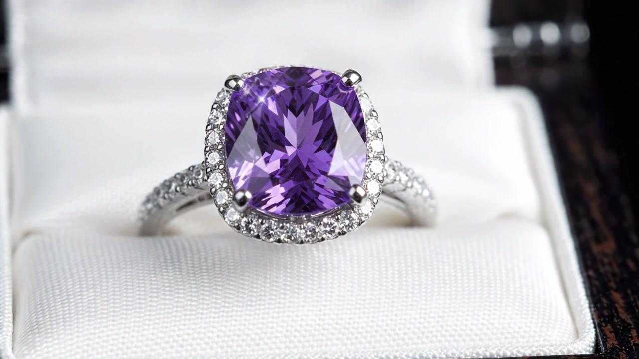 Uno splendido anello di ametista svelato: caratterizzato da un design intricato e diamanti scintillanti in una lussuosa esposizione all'interno di un bellissimo portagioie