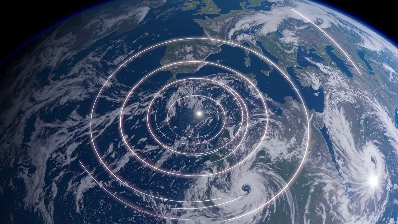Glowing concentric circles expanding from a target point over planet Earth, suggesting orbital targeting precision, satellite communication, or global positioning system