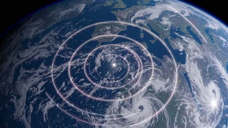 glowing concentric circles expanding from a target point over planet earth, suggesting orbital targeting precision, satellite communication, or global positioning system
