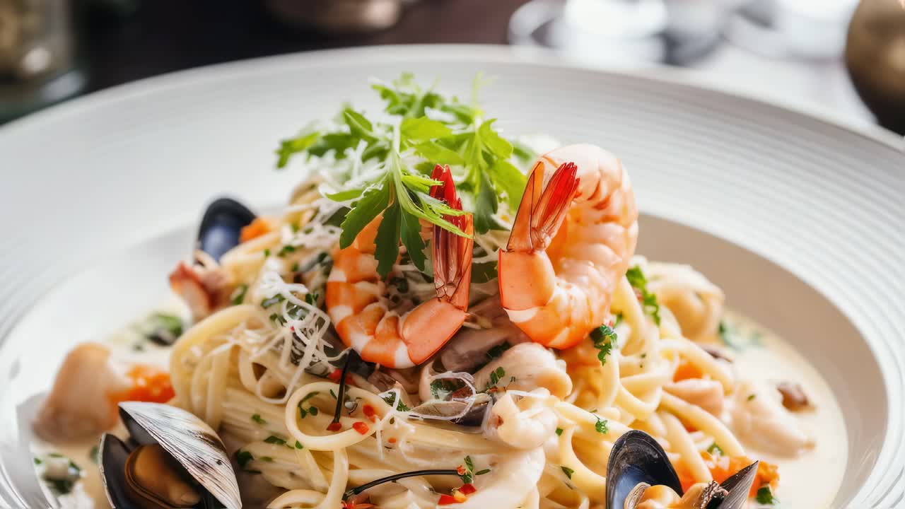 Creamy seafood linguine with shrimps, mussels, clams and parsley served on a white plate, composing a delicious and elegant dish perfect for a refined meal