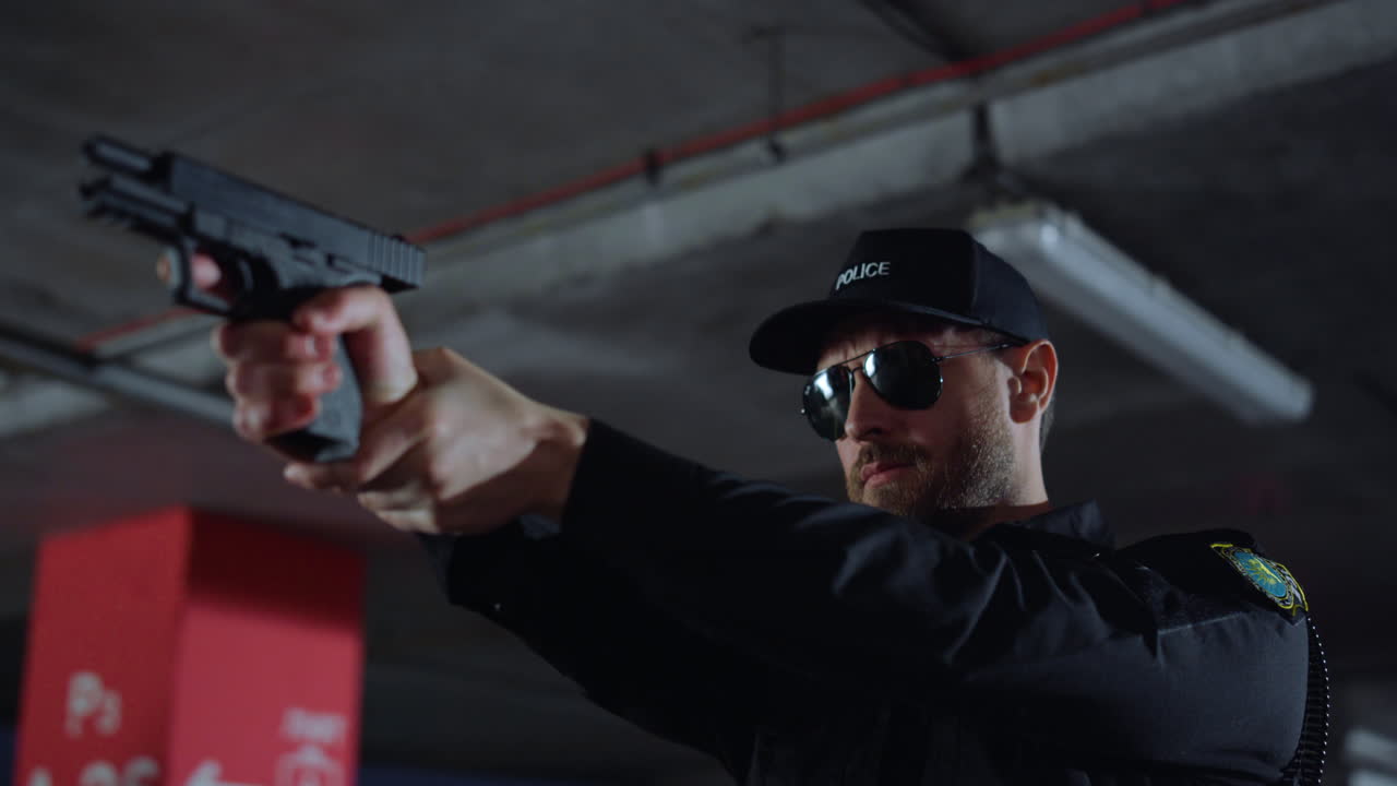 oficial de policía apuntando con el arma.