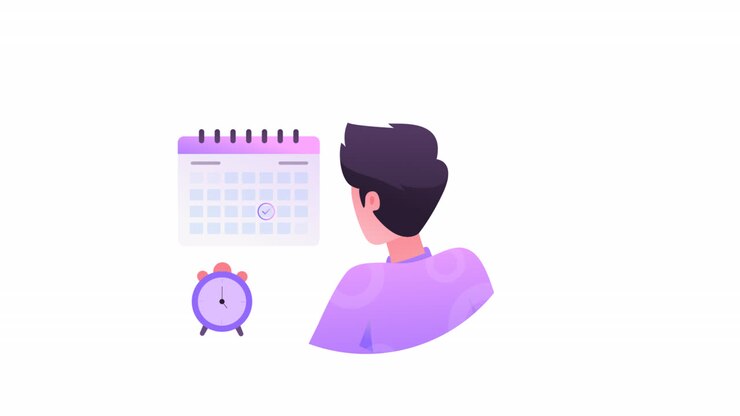 Eine 2D-Zeichentrickfigur wählt ein Datum im Kalender aus