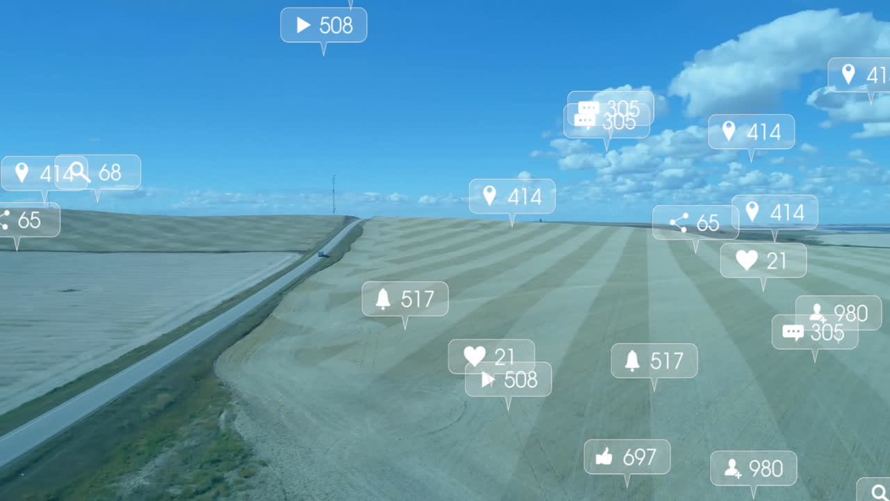 소셜 미디어 상호 작용 아이콘: 농경지의 공중 전망 위의 애니메이션