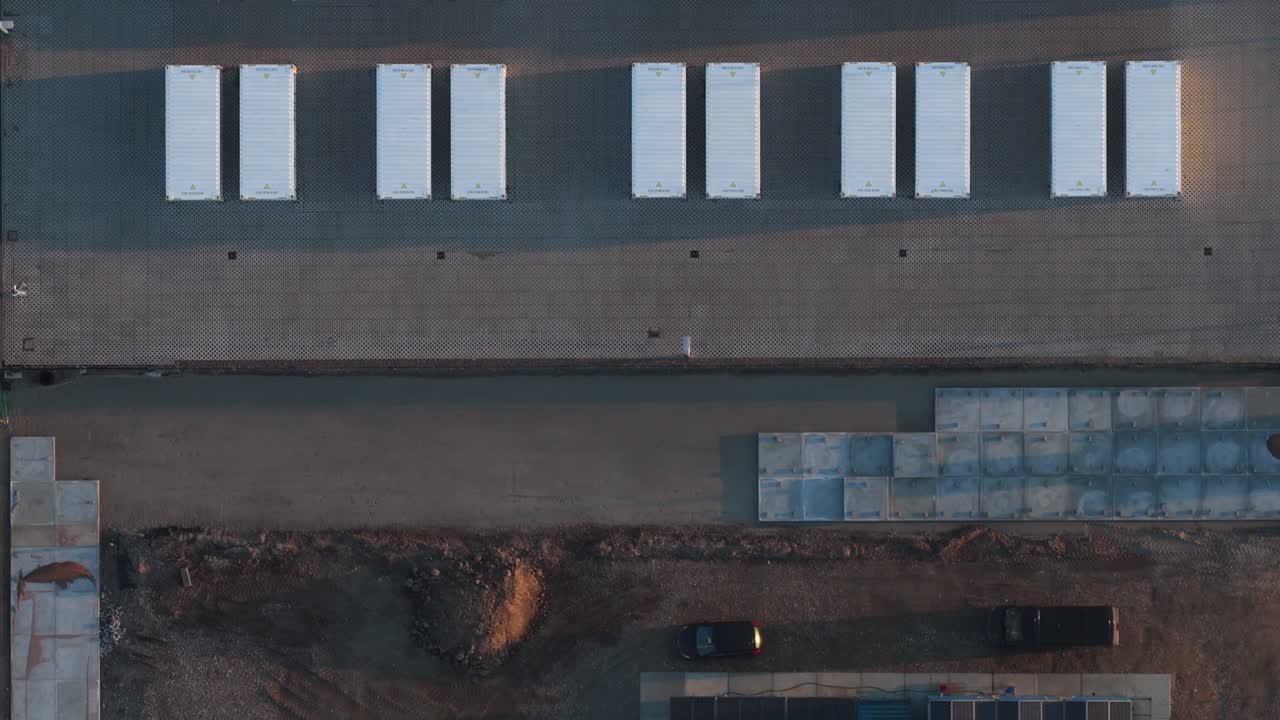 Aerial view of wind turbine battery storage system site