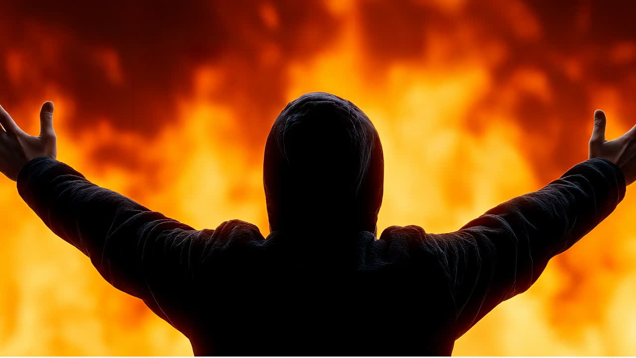 Flames engulfing a figure. A person with arms raised stands in front of a large fire, symbolizing intensity and passion during a powerful moment