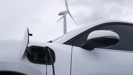 progressive combination of ev car, charging station and wind turbine.