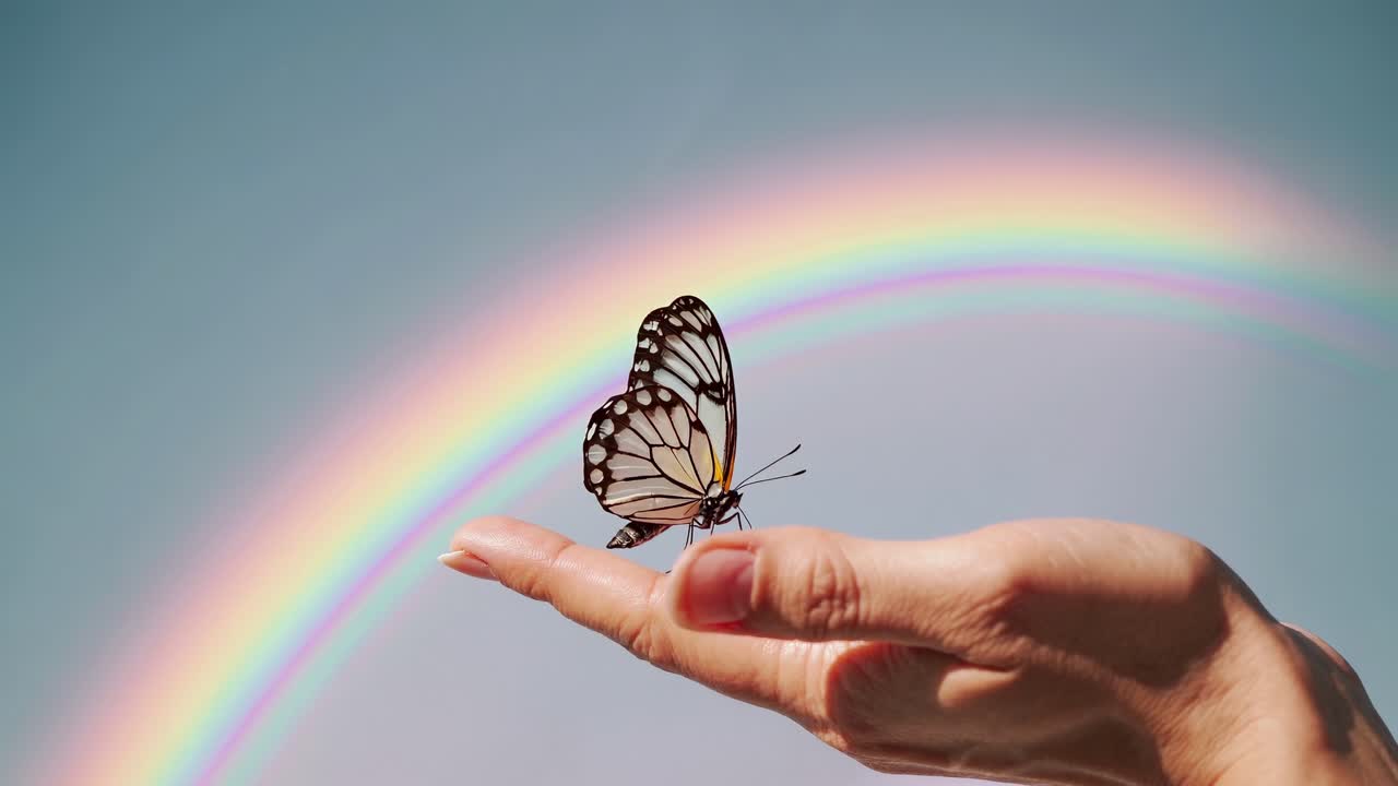 Video ravvicinato di una farfalla su una mano con sfondo arcobaleno