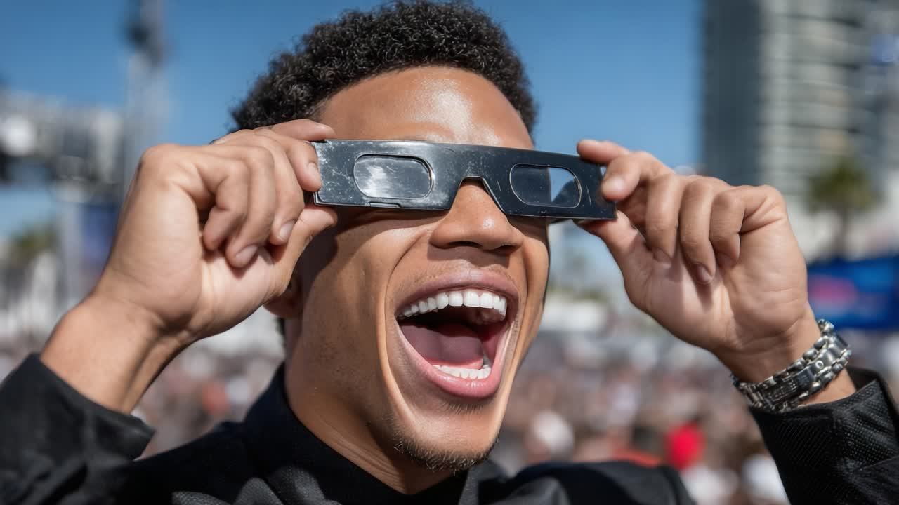 Excitement and Anticipation: A Person Expresses Joy While Wearing Unique Glasses in a Crowded Outdoor Setting Under Bright Sunshine